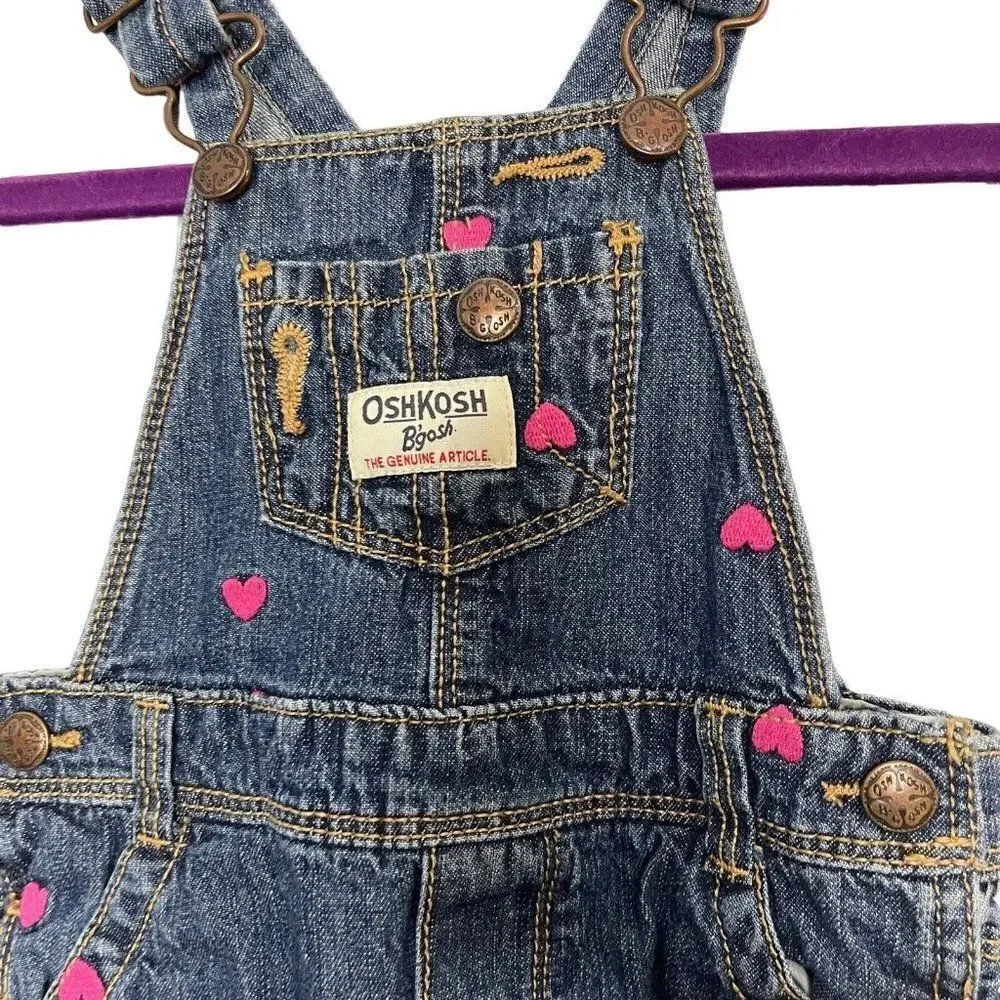 Oshkosh B'gosh Bib Overalls Baby Girls 12 Months Embroidered Hearts Adjustable